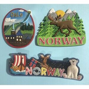 (3 ) Norway Fridge magnets - Oslo, Norway Ceramic  & 2 Rubber Character Magnets